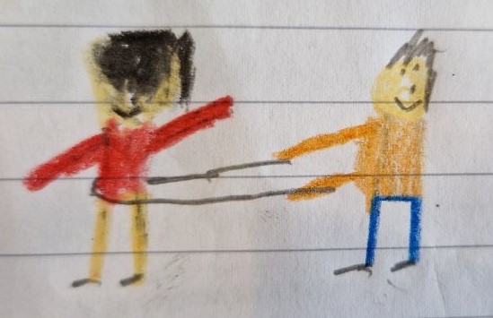 Kinderzeichnung. Zwei Kinder stehen hintereinander und sind durch ein Seil verbunden.